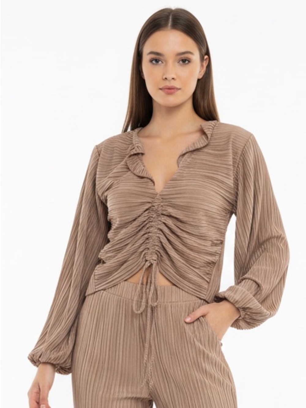 idem ditto Women's Brown Pleated Ruffle Drawstring Cropped Blouse Medium 207